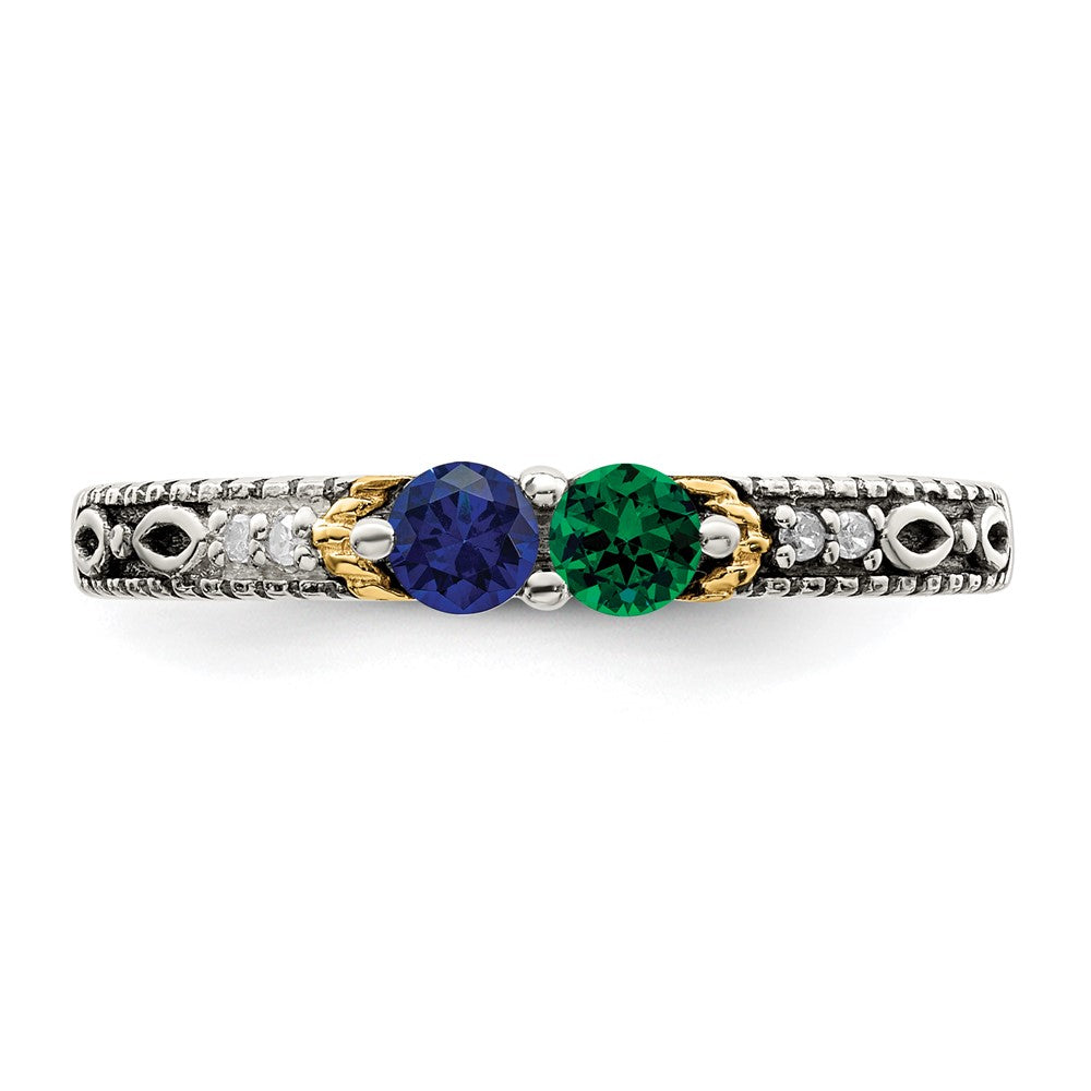 Sterling Silver Antiqued w/14k 2-stone w/Diamond Mother's Ring