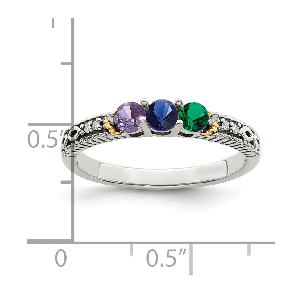 Sterling Silver Antiqued w/14k 3-stone w/Diamond Mother's Ring Semi-Mount