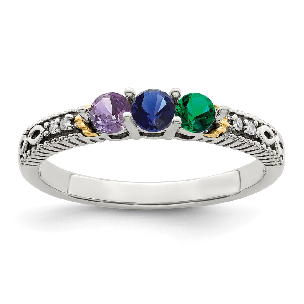 Sterling Silver Antiqued w/14k 3-stone w/Diamond Mother's Ring