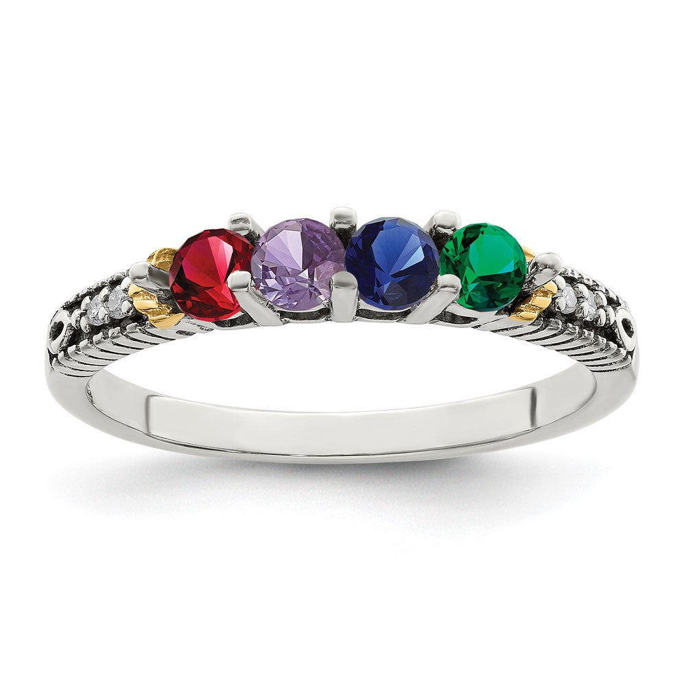 Sterling Silver Antiqued w/14k 4-stone w/Diamond Mother's Ring
