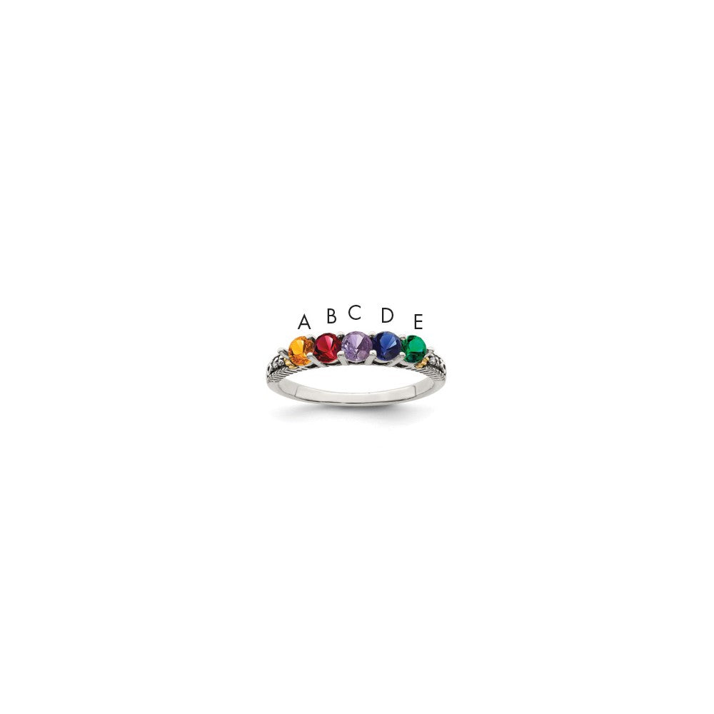 Sterling Silver Antiqued w/14k 5-stone w/Diamond Mother's Ring