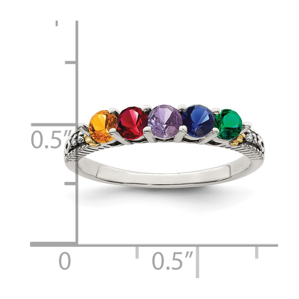 Sterling Silver Antiqued w/14k 5-stone w/Diamond Mother's Ring Semi-Mount