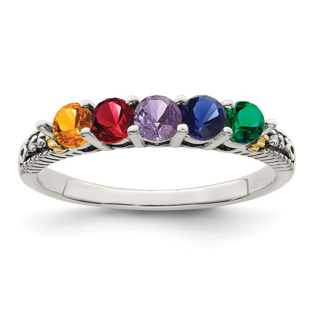Sterling Silver Antiqued w/14k 5-stone w/Diamond Mother's Ring