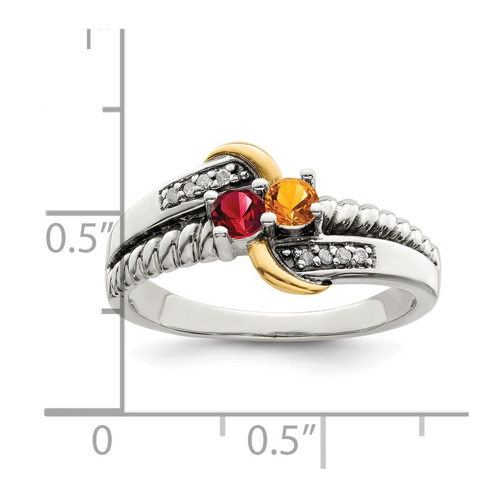 Sterling Silver Antiqued w/14k 2-stone w/Diamond Mother's Ring