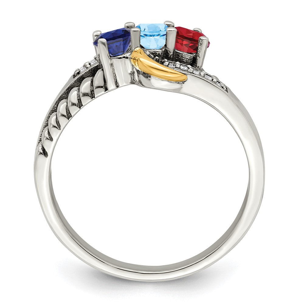 Sterling Silver Antiqued w/14k 3-stone w/Diamond Mother's Ring