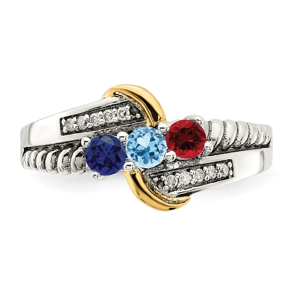 Sterling Silver Antiqued w/14k 3-stone w/Diamond Mother's Ring