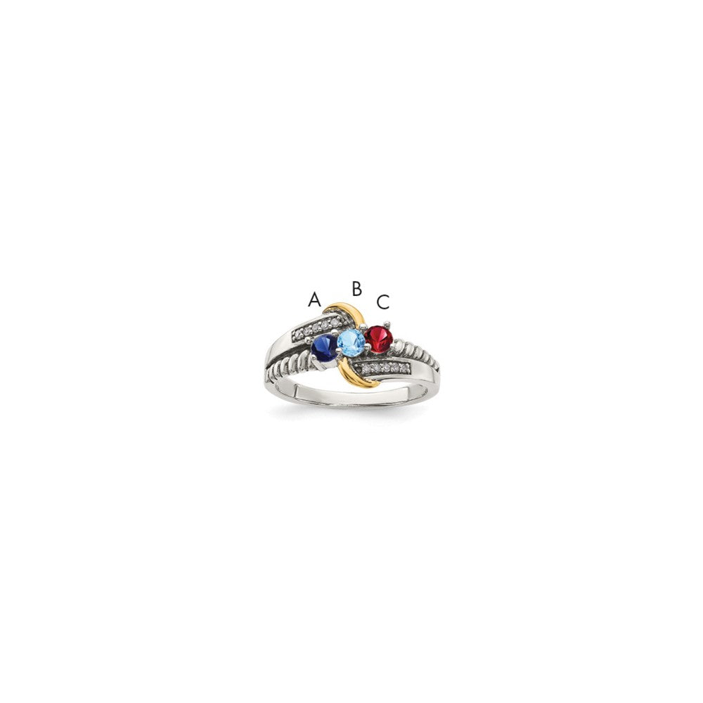 Sterling Silver Antiqued w/14k 3-stone w/Diamond Mother's Ring