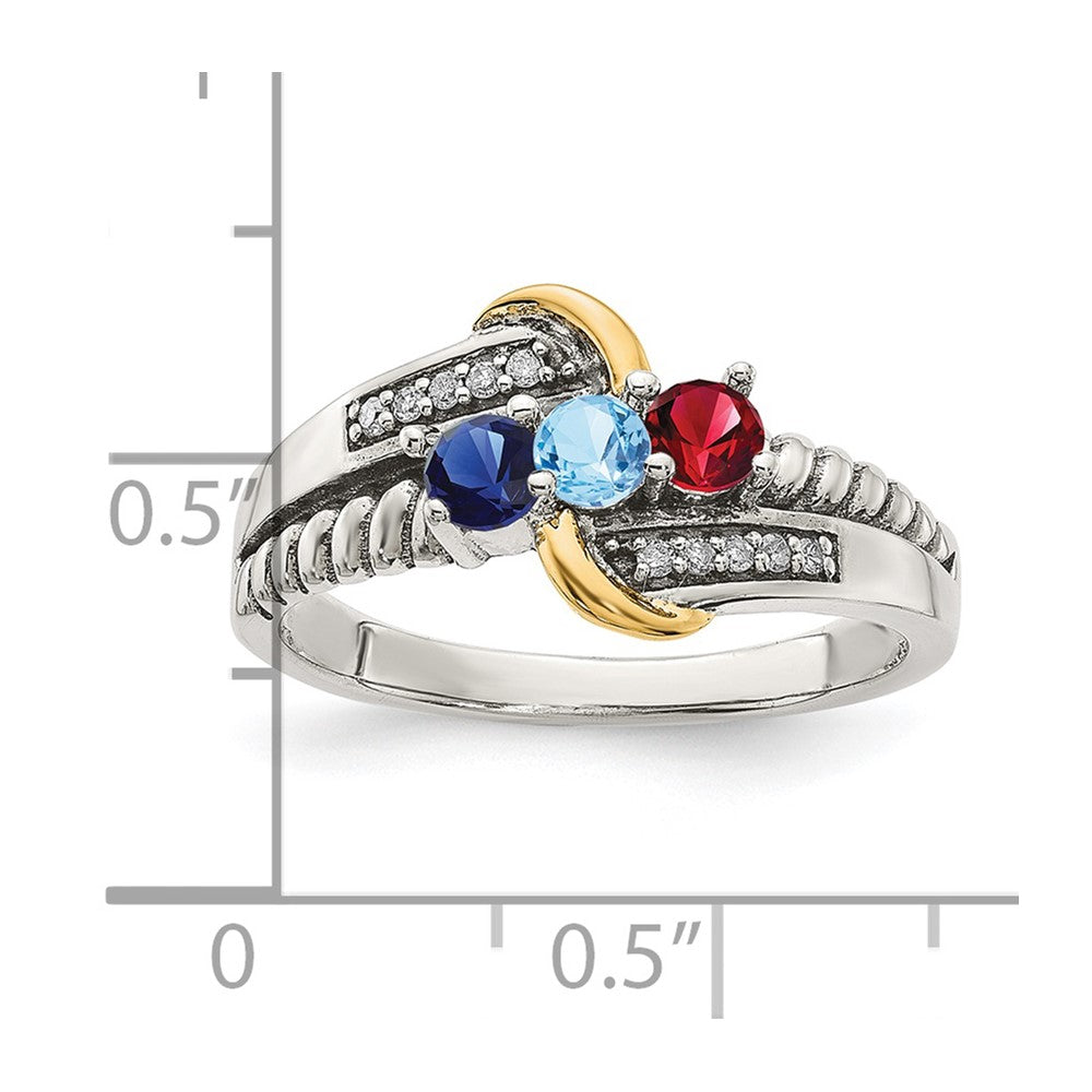 Sterling Silver Antiqued w/14k 3-stone w/Diamond Mother's Ring