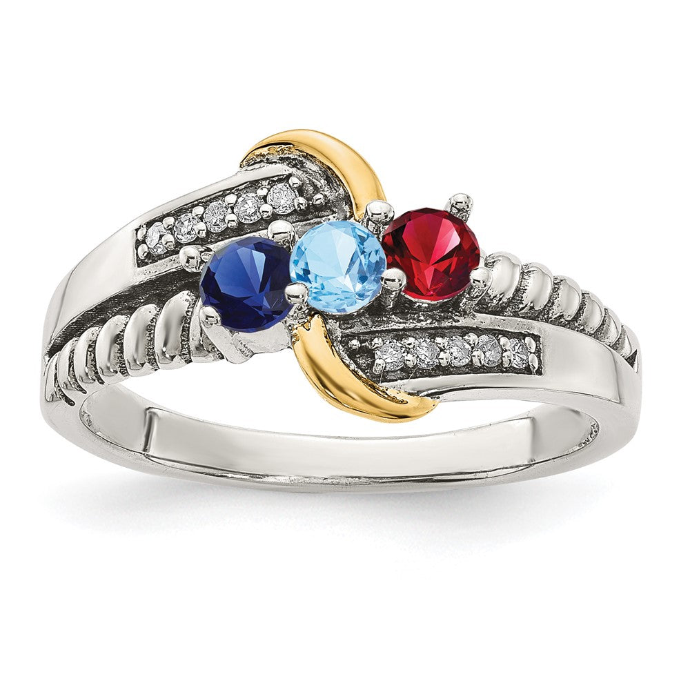 Sterling Silver Antiqued w/14k 3-stone w/Diamond Mother's Ring