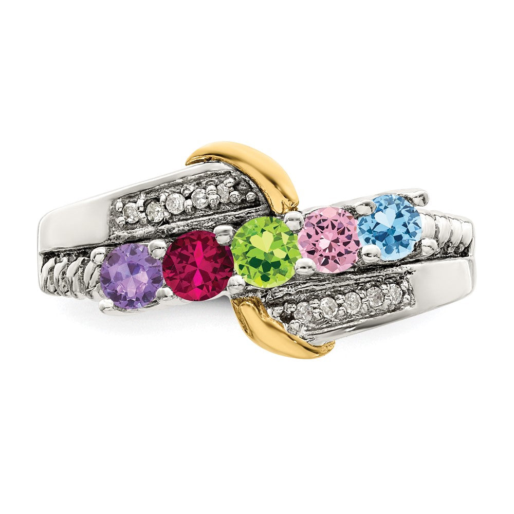 Sterling Silver Antiqued w/14k 5-stone w/Diamond Mother's Ring Semi-Mount