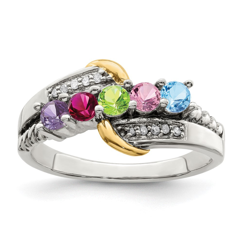 Sterling Silver Antiqued w/14k 5-stone w/Diamond Mother's Ring