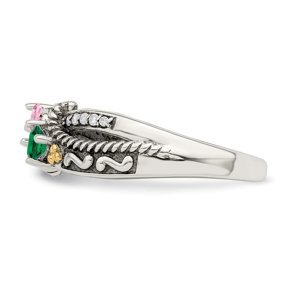 Sterling Silver Antiqued w/14k 2-stone w/Diamond Mother's Ring