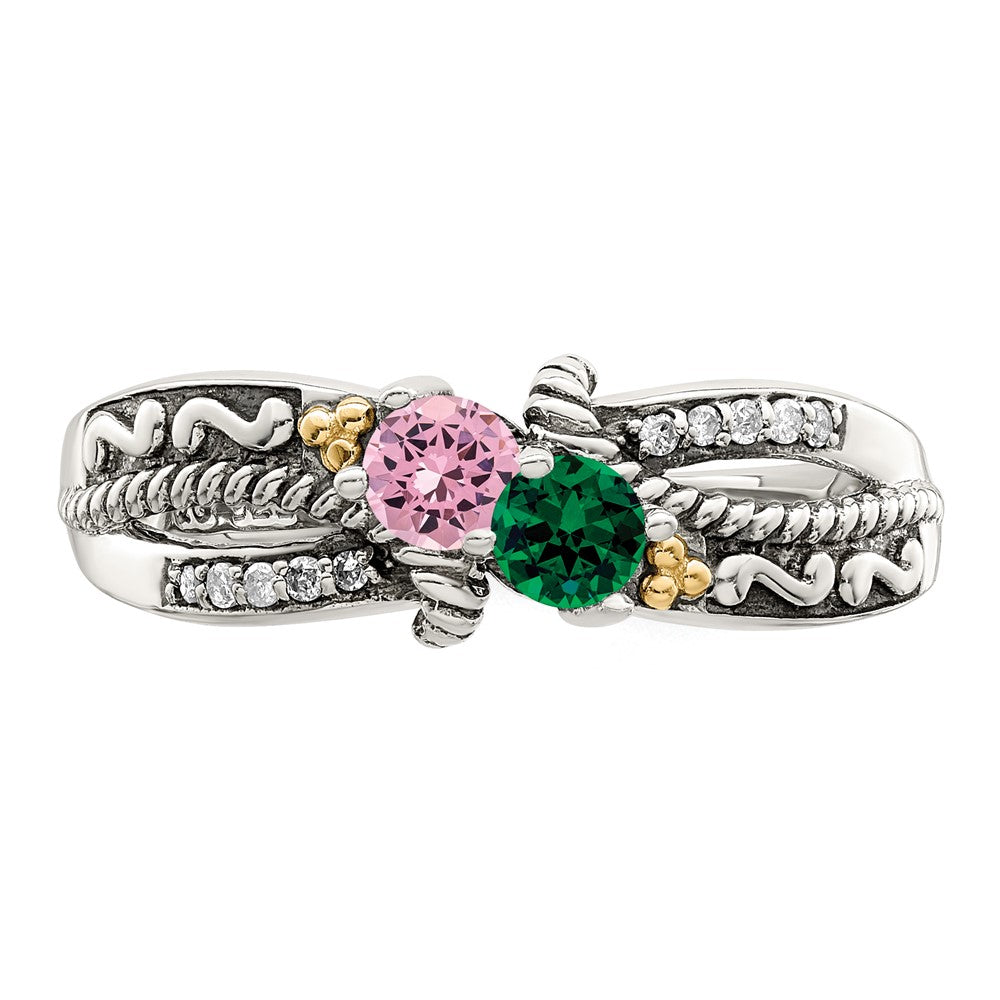 Sterling Silver Antiqued w/14k 2-stone w/Diamond Mother's Ring