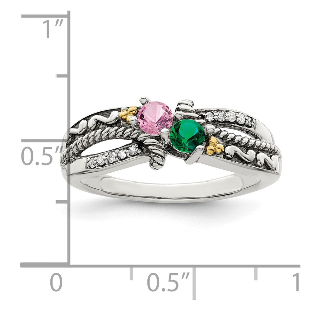 Sterling Silver Antiqued w/14k 2-stone w/Diamond Mother's Ring Semi-Mount