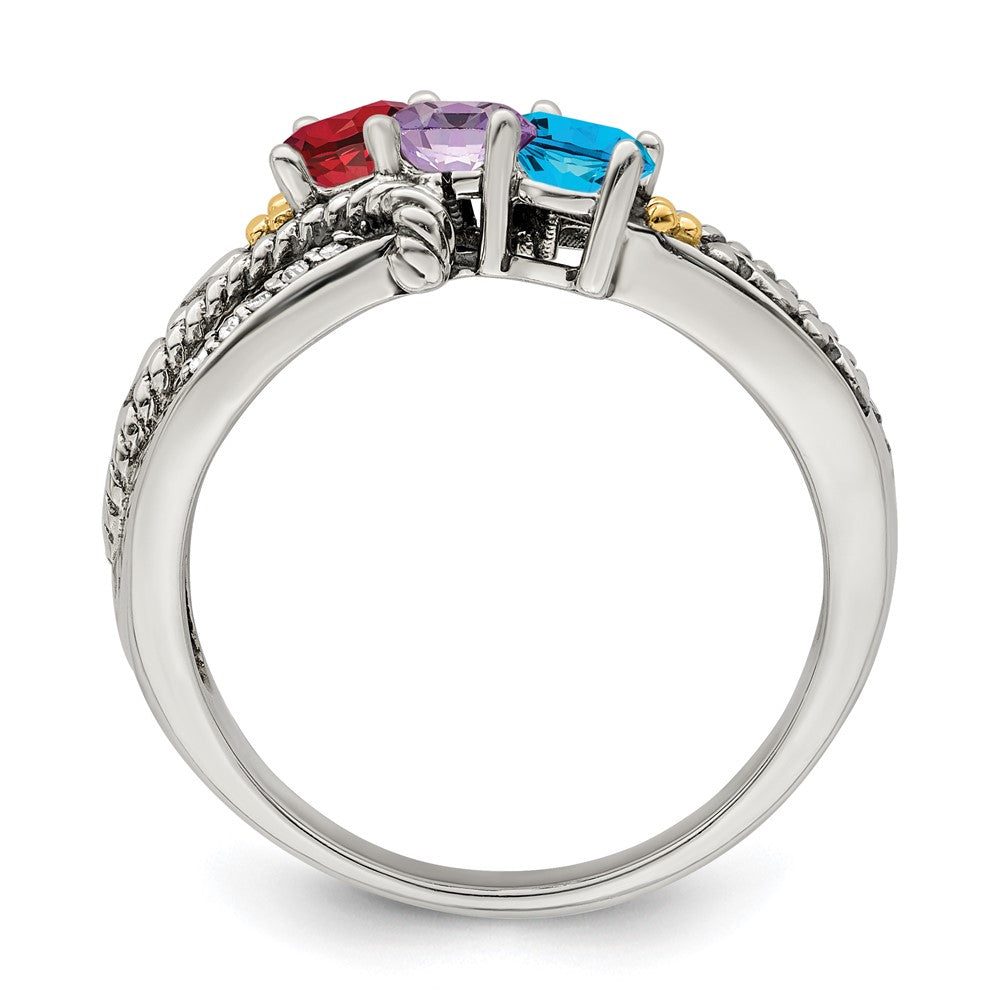 Sterling Silver Antiqued w/14k 3-stone w/Diamond Mother's Ring