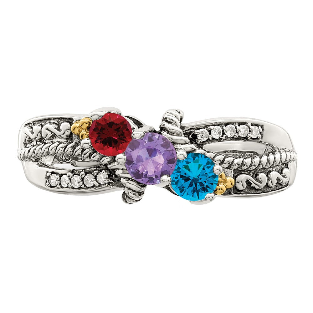 Sterling Silver Antiqued w/14k 3-stone w/Diamond Mother's Ring