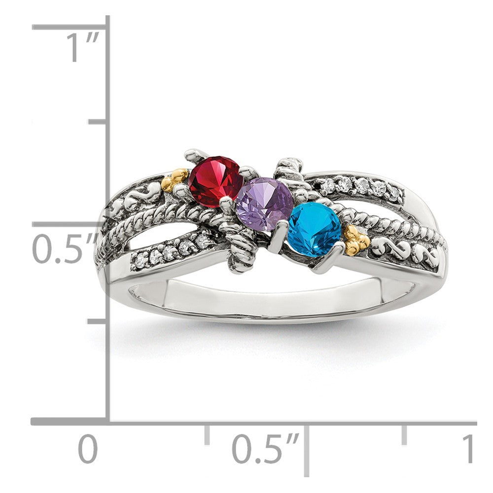 Sterling Silver Antiqued w/14k 3-stone w/Diamond Mother's Ring