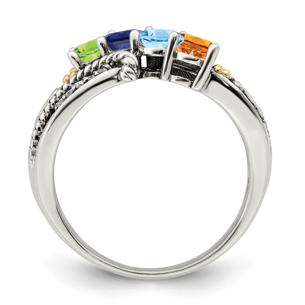 Sterling Silver Antiqued w/14k 4-stone w/Diamond Mother's Ring