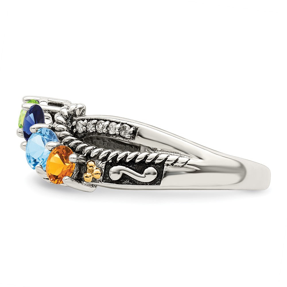 Sterling Silver Antiqued w/14k 4-stone w/Diamond Mother's Ring
