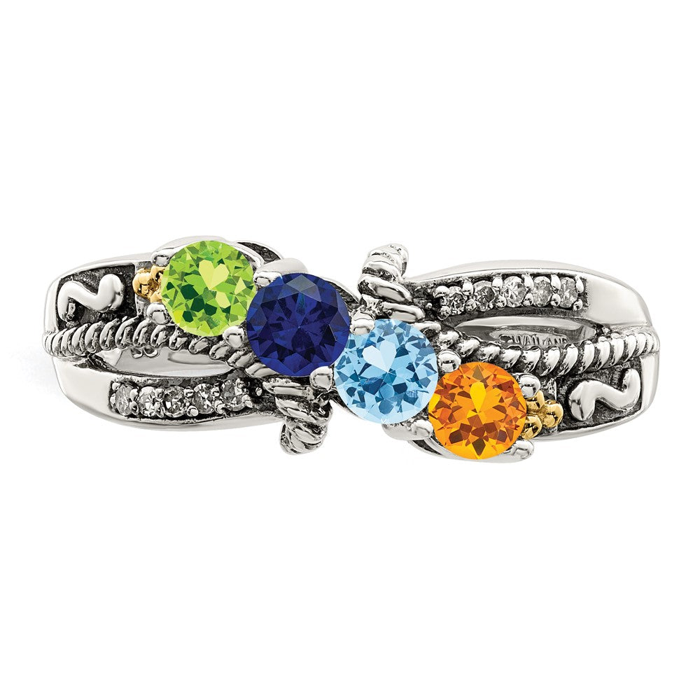 Sterling Silver Antiqued w/14k 4-stone w/Diamond Mother's Ring