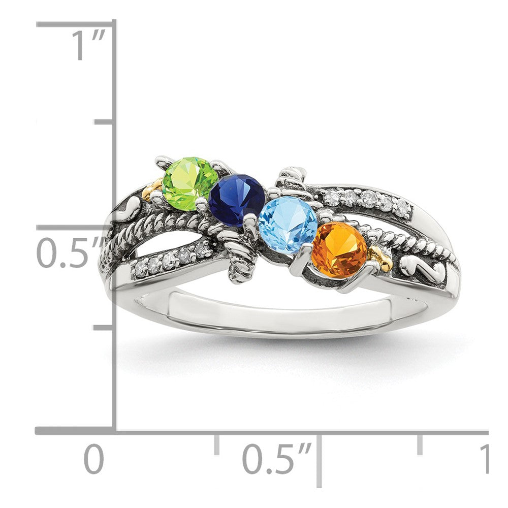 Sterling Silver Antiqued w/14k 4-stone w/Diamond Mother's Ring