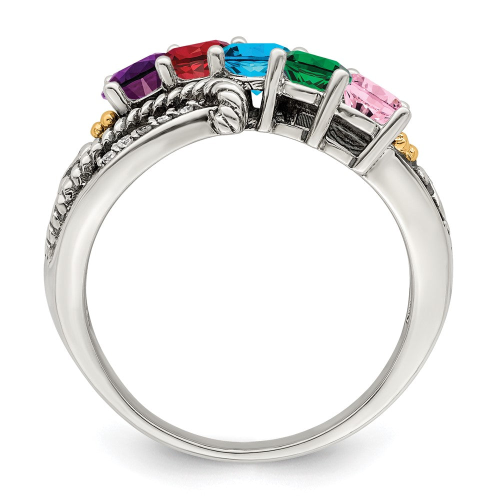 Sterling Silver Antiqued w/14k 5-stone w/Diamond Mother's Ring