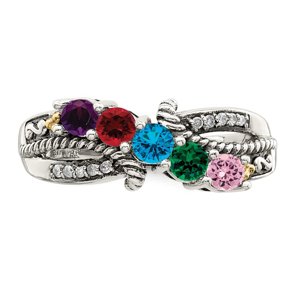 Sterling Silver Antiqued w/14k 5-stone w/Diamond Mother's Ring