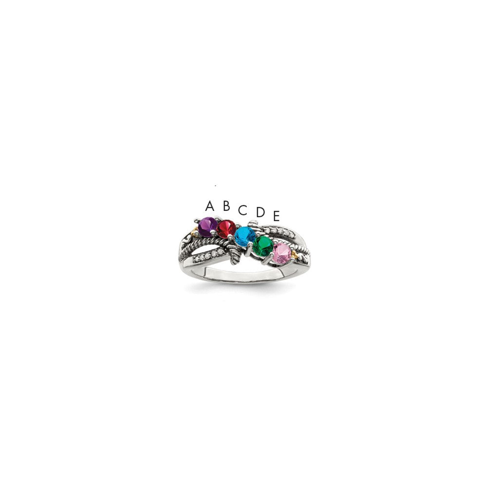 Sterling Silver Antiqued w/14k 5-stone w/Diamond Mother's Ring Semi-Mount
