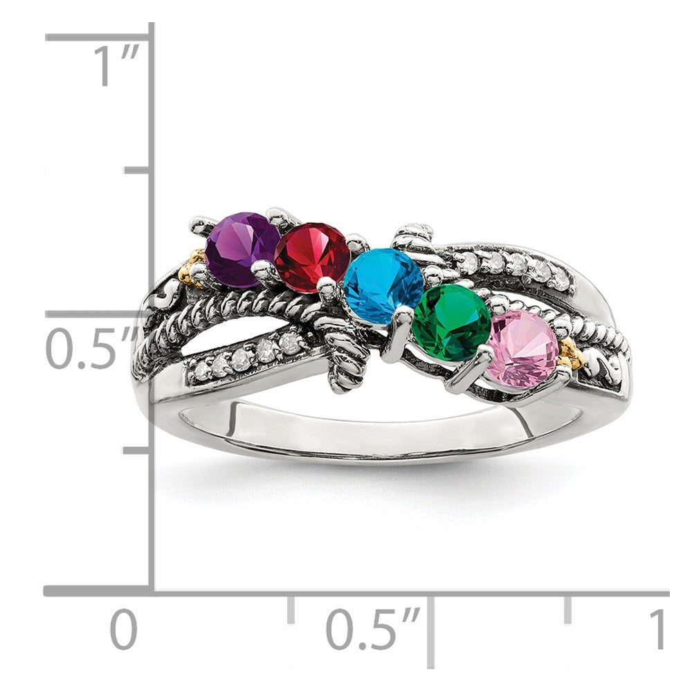 Sterling Silver Antiqued w/14k 5-stone w/Diamond Mother's Ring Semi-Mount