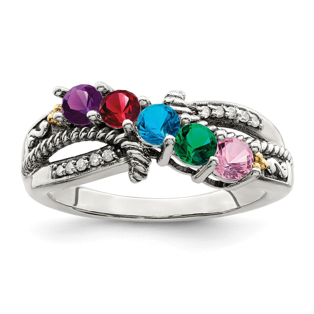 Sterling Silver Antiqued w/14k 5-stone w/Diamond Mother's Ring