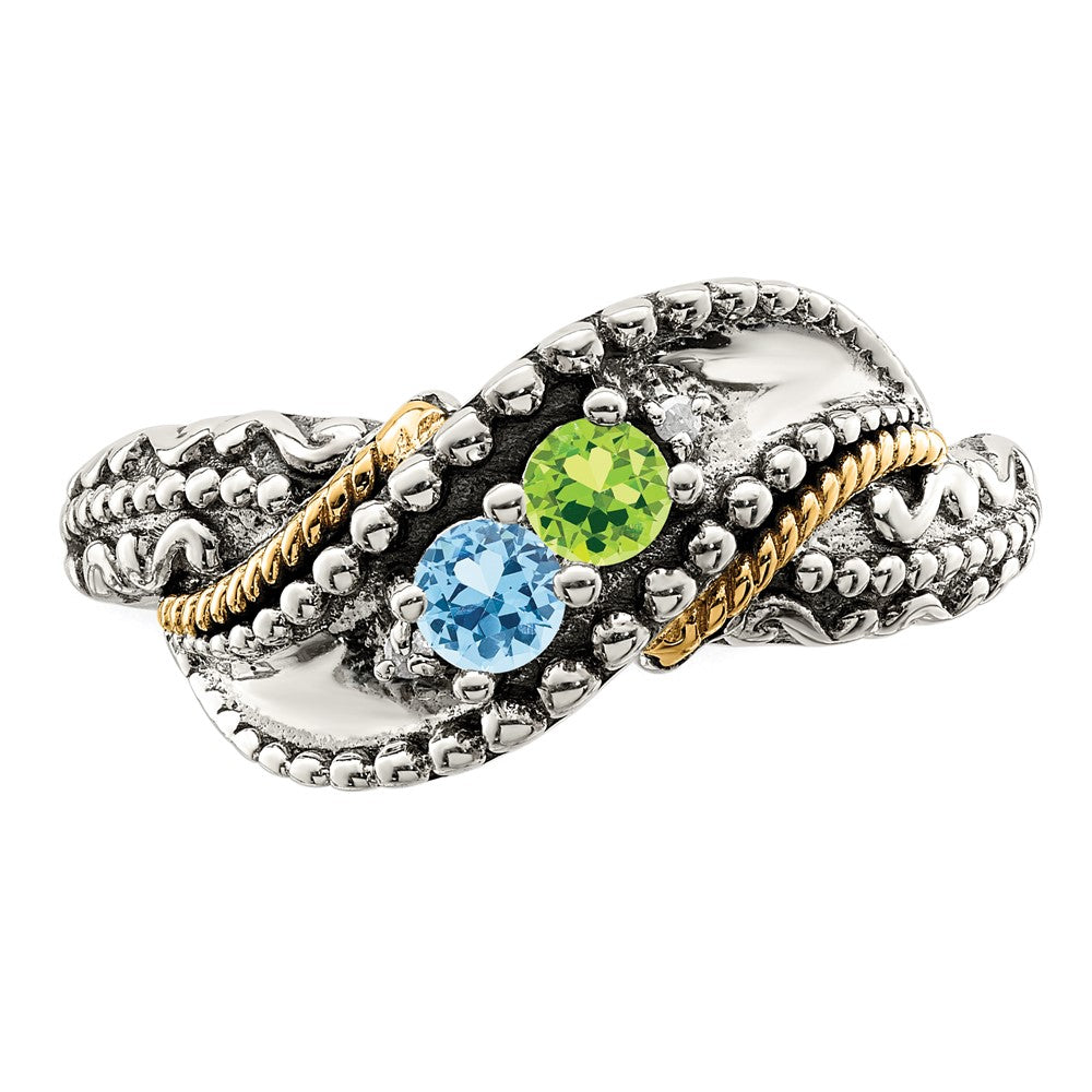 Sterling Silver Antiqued w/14k 2-stone w/Diamond Mother's Ring
