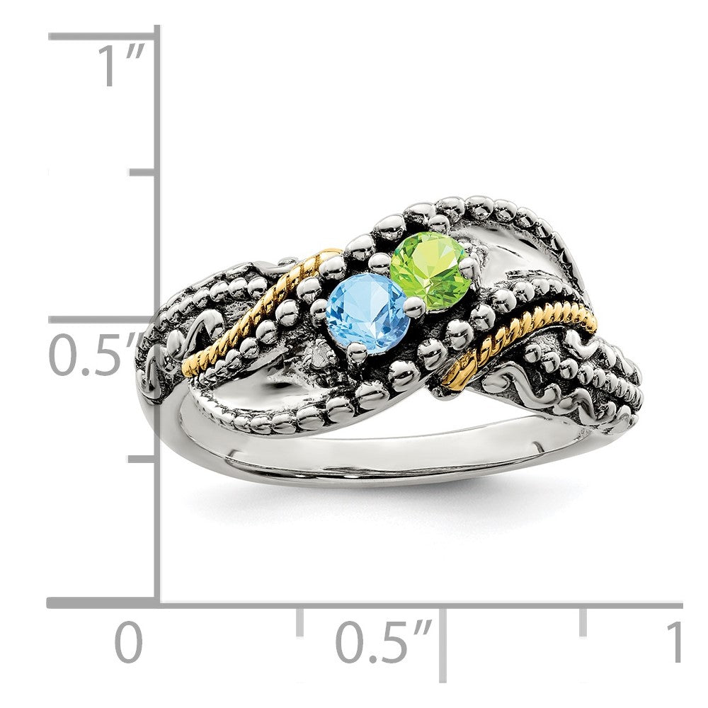 Sterling Silver Antiqued w/14k 2-stone w/Diamond Mother's Ring Semi-Mount