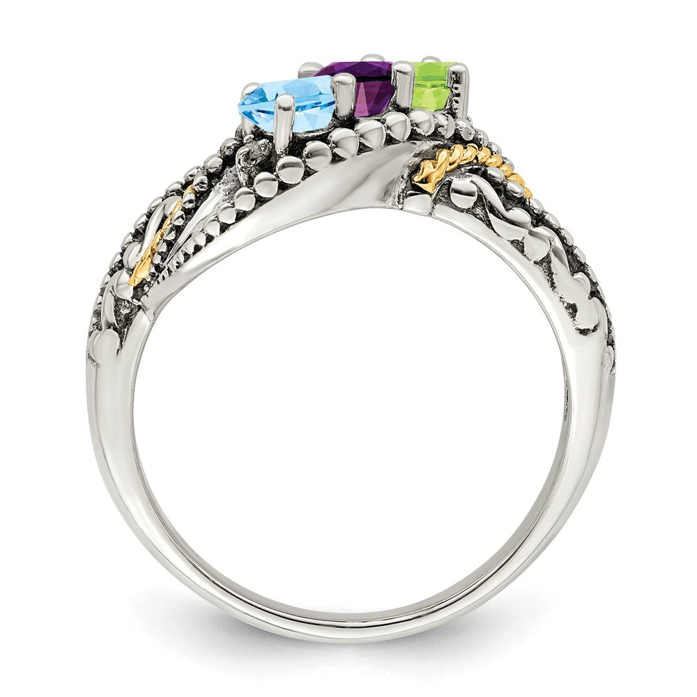 Sterling Silver Antiqued w/14k 3-stone w/Diamond Mother's Ring Semi-Mount