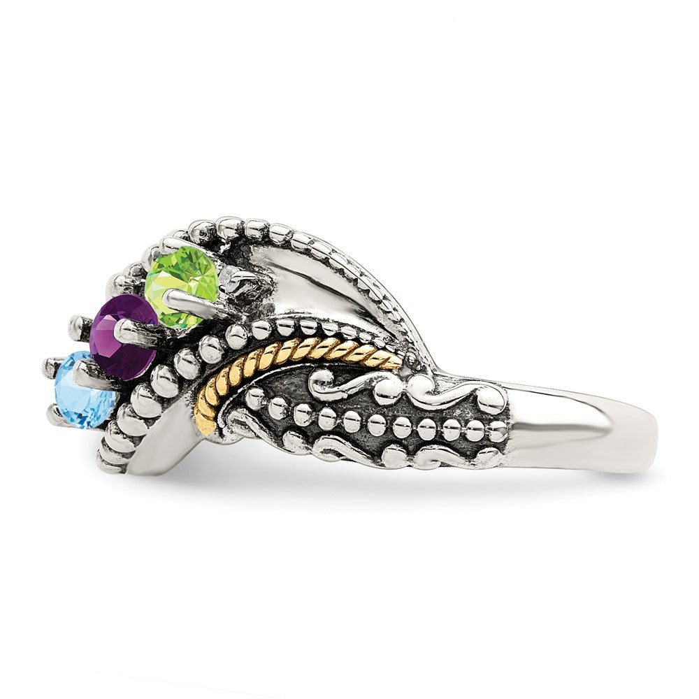 Sterling Silver Antiqued w/14k 3-stone w/Diamond Mother's Ring