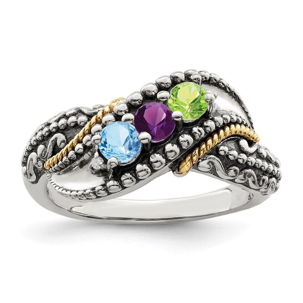 Sterling Silver Antiqued w/14k 3-stone w/Diamond Mother's Ring