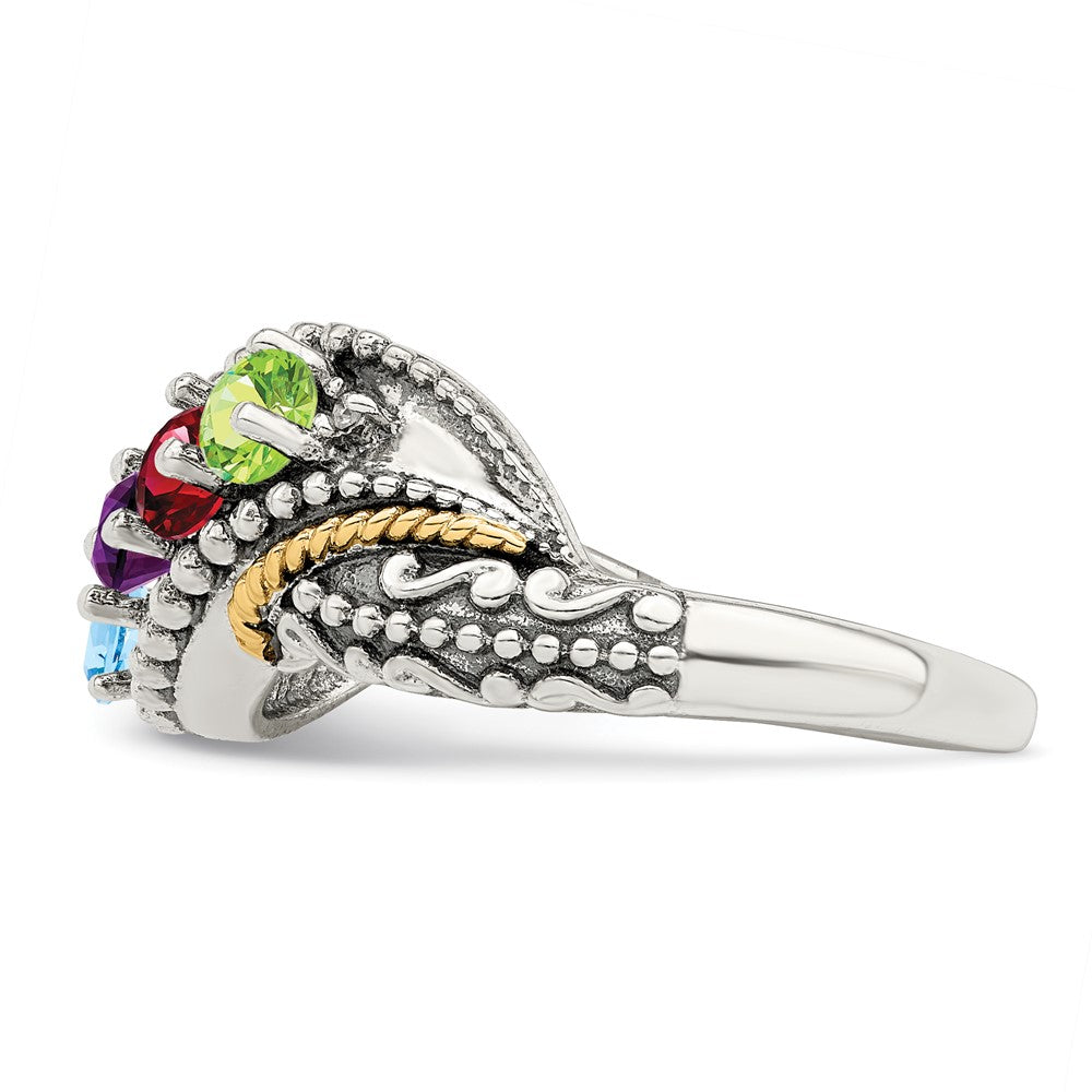 Sterling Silver Antiqued w/14k 4-stone w/Diamond Mother's Ring