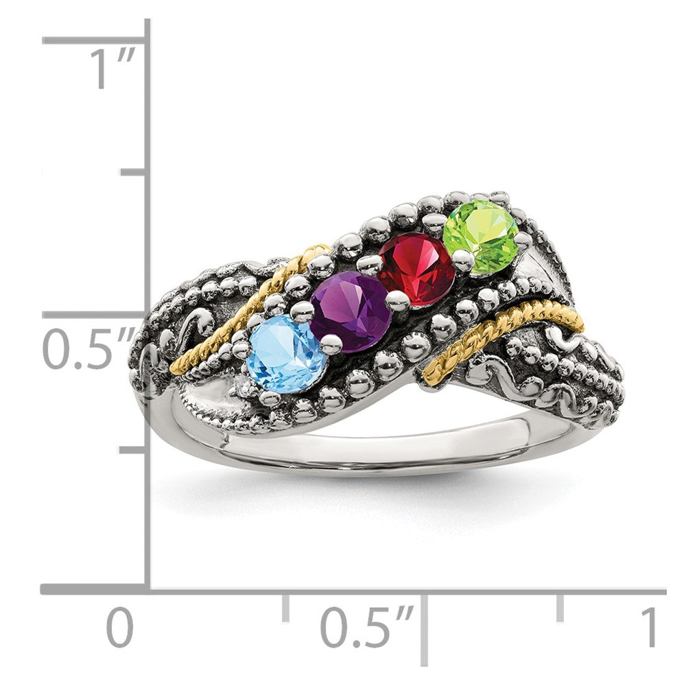 Sterling Silver Antiqued w/14k 4-stone w/Diamond Mother's Ring Semi-Mount