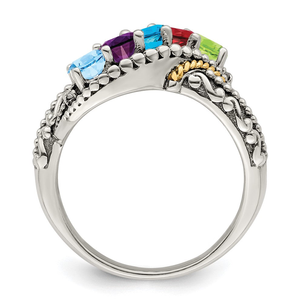 Sterling Silver Antiqued w/14k 5-stone w/Diamond Mother's Ring
