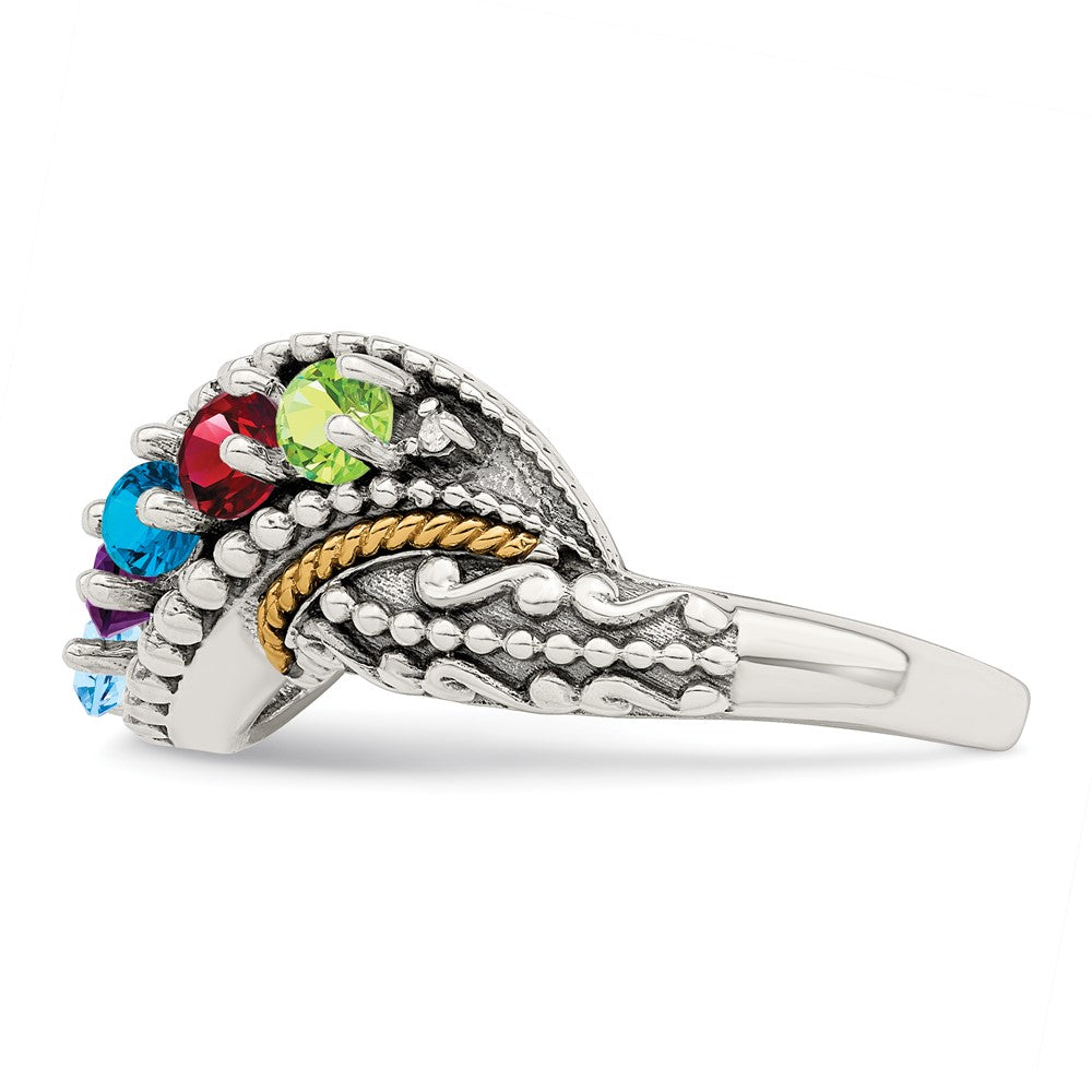 Sterling Silver Antiqued w/14k 5-stone w/Diamond Mother's Ring