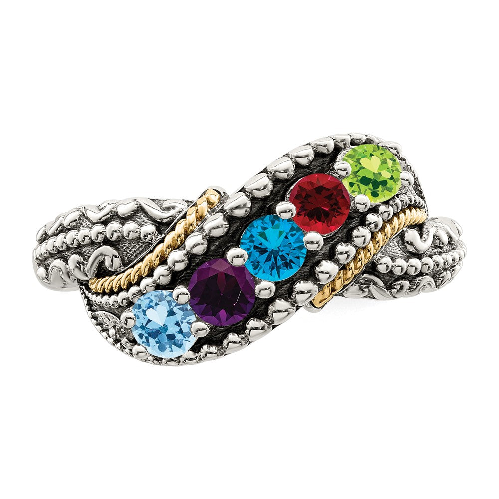 Sterling Silver Antiqued w/14k 5-stone w/Diamond Mother's Ring