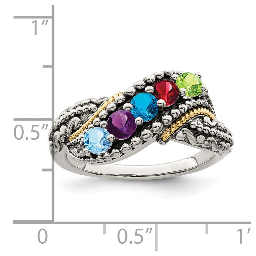 Sterling Silver Antiqued w/14k 5-stone w/Diamond Mother's Ring Semi-Mount
