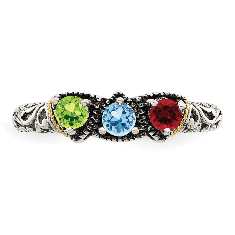 Sterling Silver Antiqued w/14k 3-stone Mother's Ring