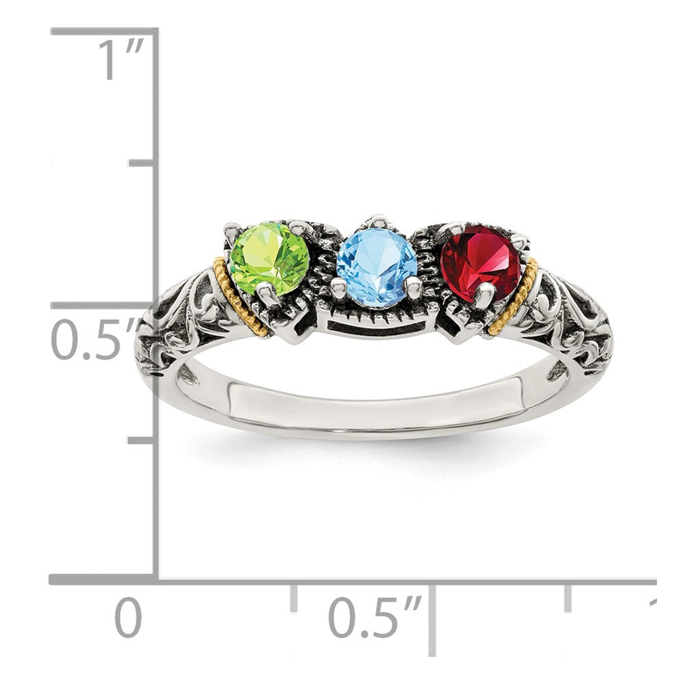 Sterling Silver Antiqued w/14k 3-stone Mother's Ring
