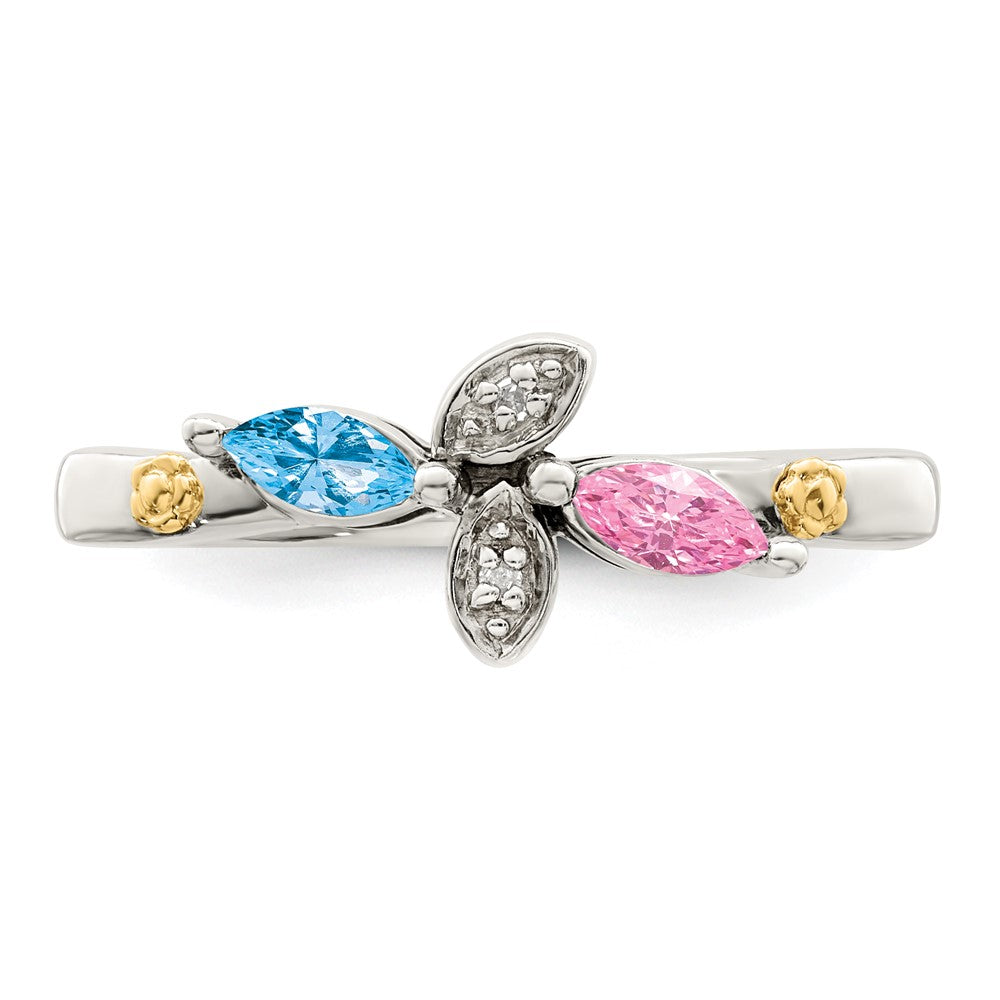 Sterling Silver Antiqued w/14k 2-stone w/Diamond Mother's Ring
