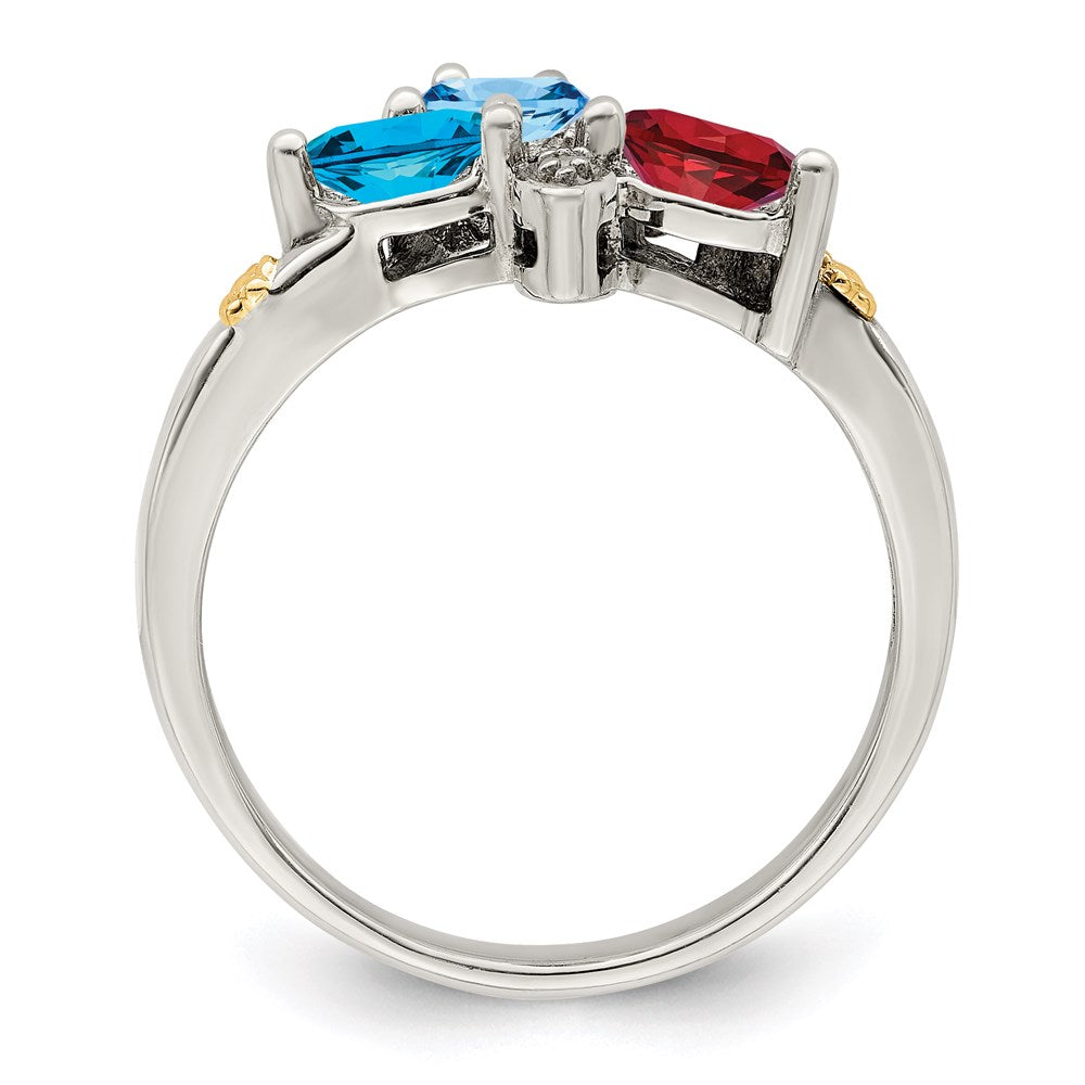 Sterling Silver Antiqued w/14k 3-stone w/Diamond Mother's Ring