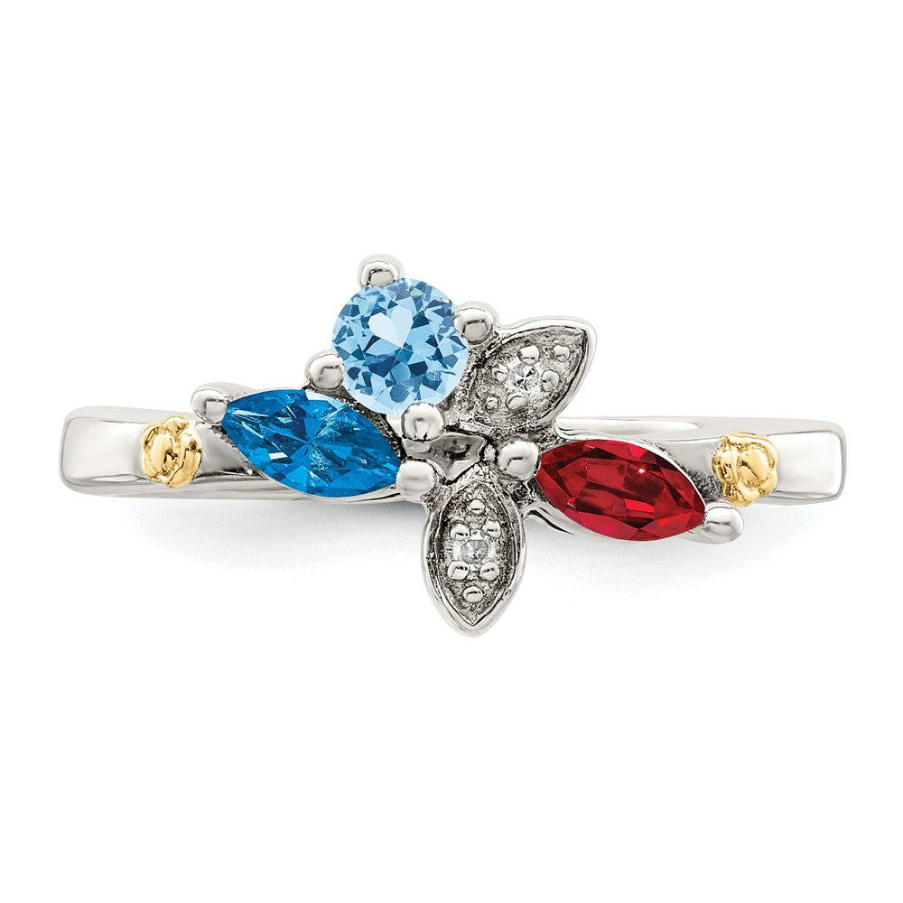 Sterling Silver Antiqued w/14k 3-stone w/Diamond Mother's Ring