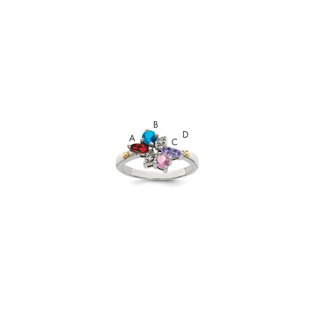 Sterling Silver Antiqued w/14k 4-stone w/Diamond Mother's Ring Semi-Mount