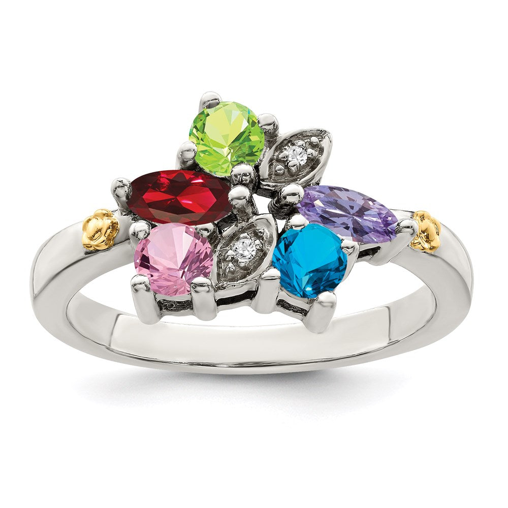 Sterling Silver Antiqued w/14k 5-stone w/Diamond Mother's Ring