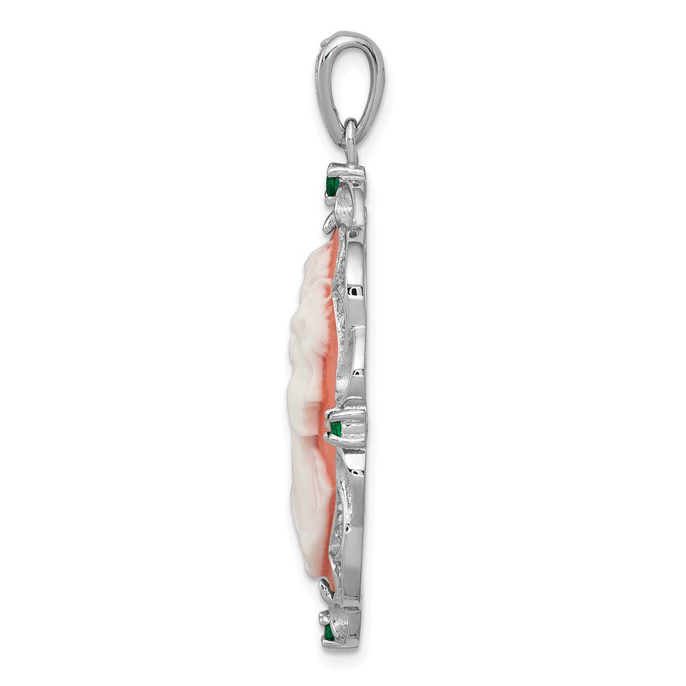 Sterling Silver RH-plated Green Glass Clear CZ Plastic Pink Cameo Pendant