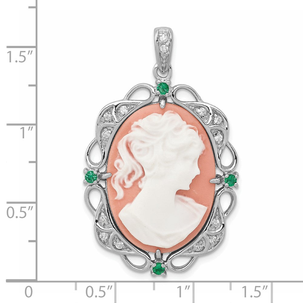Sterling Silver RH-plated Green Glass Clear CZ Plastic Pink Cameo Pendant